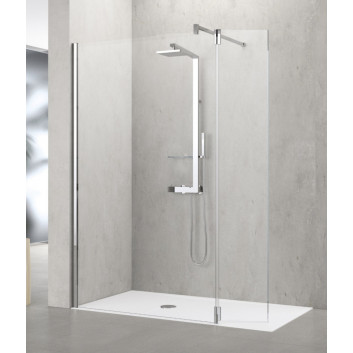 Ścianka wolnostojąca walk-in z ruchomym skrzydłem Novellini Kali H+HA, 80 + 37cm, uniwersalna, szkło przejrzyste, profil srebrny 