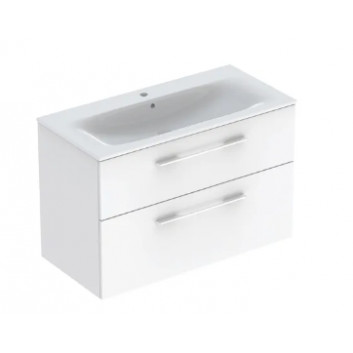 Geberit Selnova Square Zestaw szafki pod umywalkę, z dwiema szufladami, B100cm, H65.2cm, T50.2cm, biały, z umywalką meblową, cienki rant, z przelewem, z otworem na baterię
