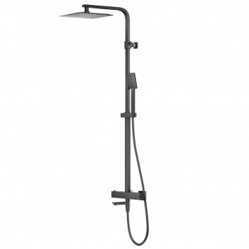 Natryskowa czarna kolumna prysznicowa Corsan Ango kwadratowa deszczownica z baterią termostatyczną i obrotową wylewką wannową