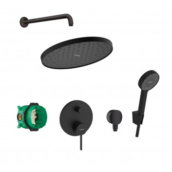 Zestaw natryskowy Hansgrohe WallStoris, natynkowy, bateria termostatyczna, 1 wyjście wody, z koszem, wieszakiem i suwakiem, czarny mat