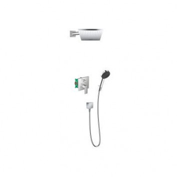 Zestaw natryskowy Hansgrohe WallStoris, natynkowy, bateria termostatyczna, 1 wyjście wody, z koszem, wieszakiem i suwakiem, czarny mat