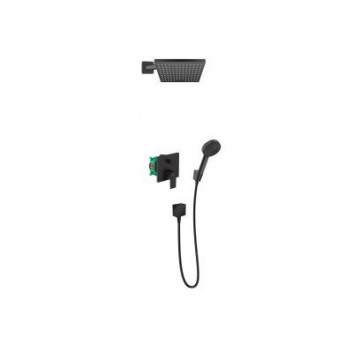 Zestaw natryskowy Hansgrohe WallStoris, natynkowy, bateria termostatyczna, 1 wyjście wody, z koszem, wieszakiem i suwakiem, czarny mat